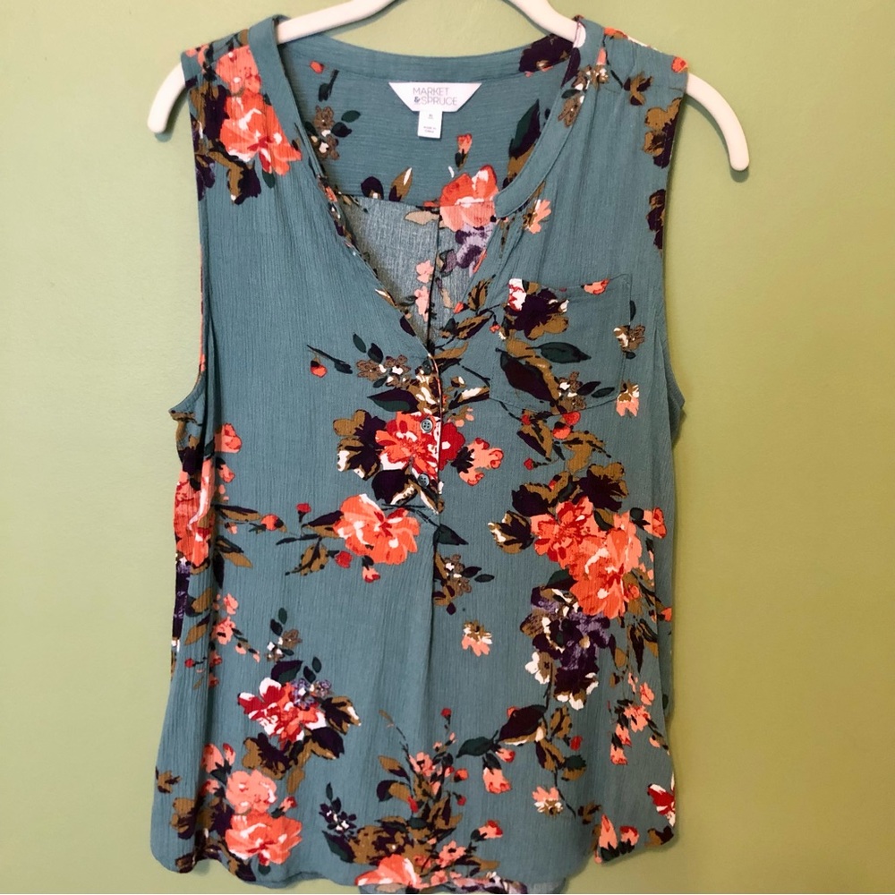 Market & Spruce Floral Sleeveless Top - Teal and Orange